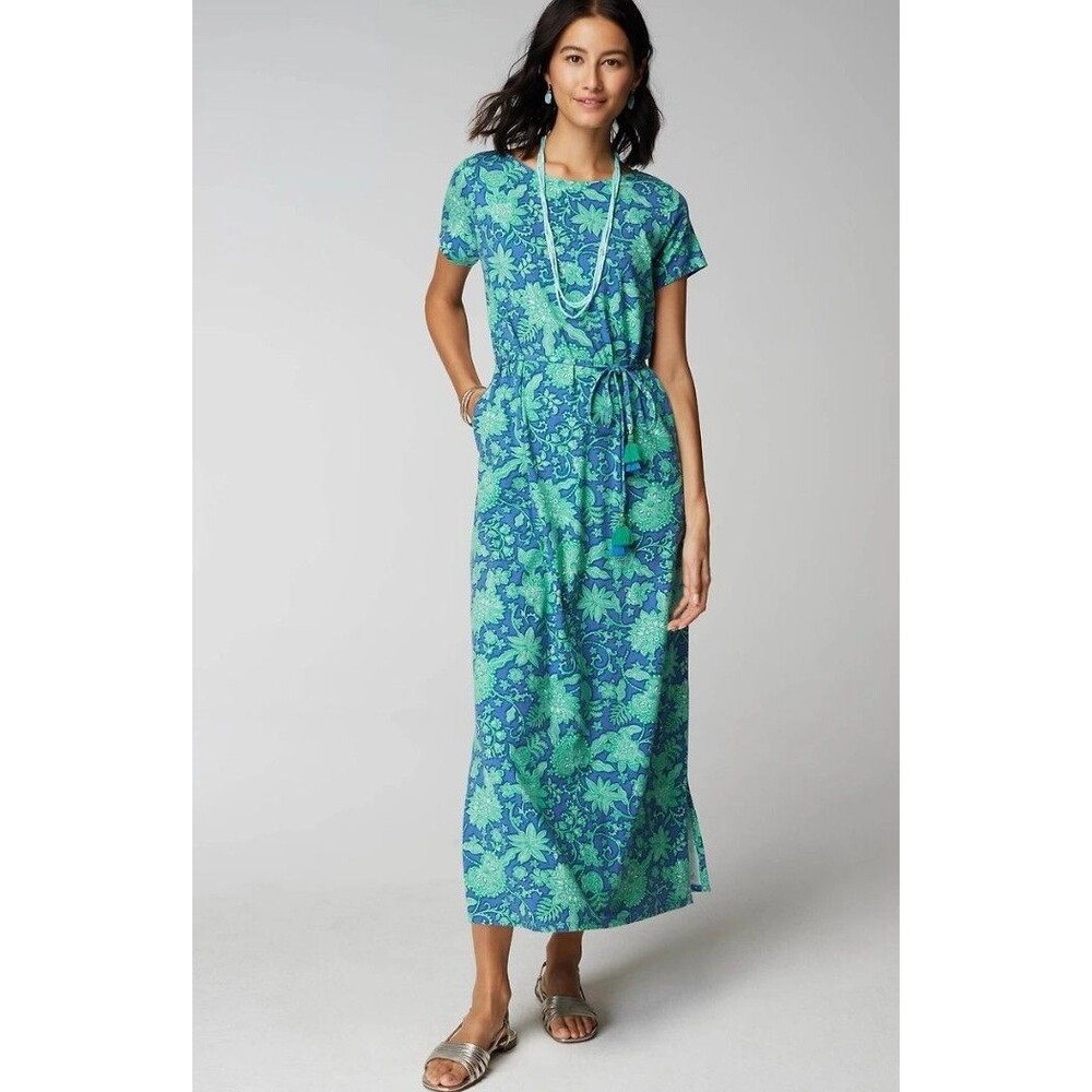 J.JIll Cap-Sleeve Maxi Dress Floral Blue Womens Petite Large Casual Vacation